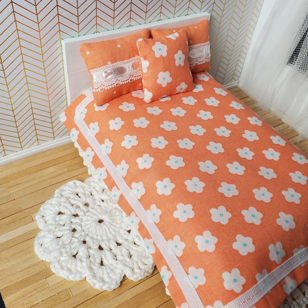 Miniature Dollhouse Floral Orange Bedding Set 1:12 Scale